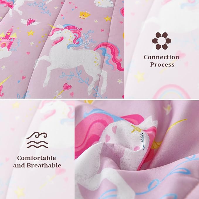 Kids Comforter Twin Bedding Sets for Girls, 6 Pieces Bed in a Bag with Shams, Sheet Set, Pink Unicorn Double Soft Microfiber Kids Comforter Bedding Set