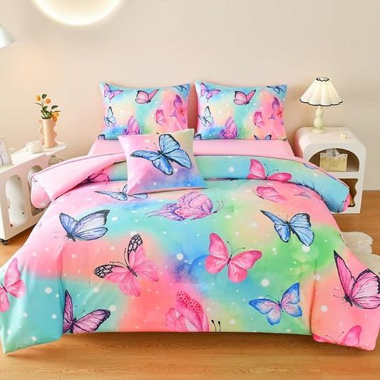 Butterfly Bedding Set Twin, Pink Butterfly Comforter Set for Girls Kids Teens 6 pcs Bed in a Bag Twin Bedding Sets for Girls