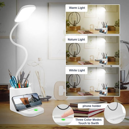 LED Desk Lamp with Wireless Charger and Organizer,Home Office Touch Reading Lamp with Pen Holder/Storage,Stepless Dimming 3 Color Modes,360°Flexible Gooseneck Eye Caring Desk Light-Study/College Dorm