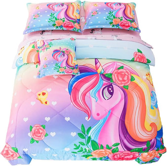 ADASMILE A & S Unicorn Comforter Set Full with Sheets 6 Pieces Floral Pink Unicorn Bedding Set for Girls Kids Unicorn Sheets Soft Bed-in-a-Bag Comforter Reversible Bed Comforter Set for Home Decor