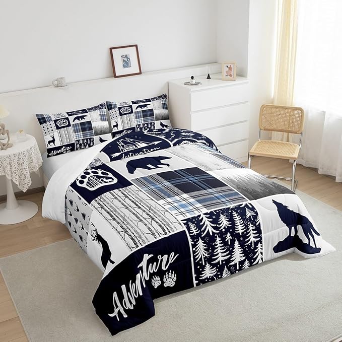 Manfei Deer Bear Kids Comforter Set Twin Size,Wolf Hunting Adventure Rustic Bedding Set for Boys Girls Adults Room Decor,Geometric Plaids Patchwork Down Comforter,Blue Xmas Duvet Insert,1 Pillowcase