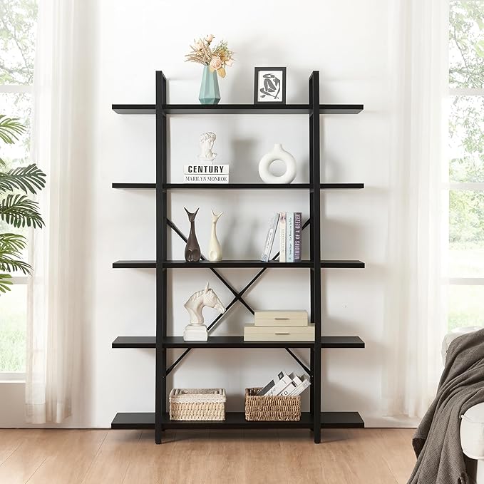 HOMISSUE Bookshelf,5-Tier Bookshelf Industrial Bookcase and Bookshelves,Rustic Storage Rack with Open Shelves for Living Room Bedroom and Kitchen