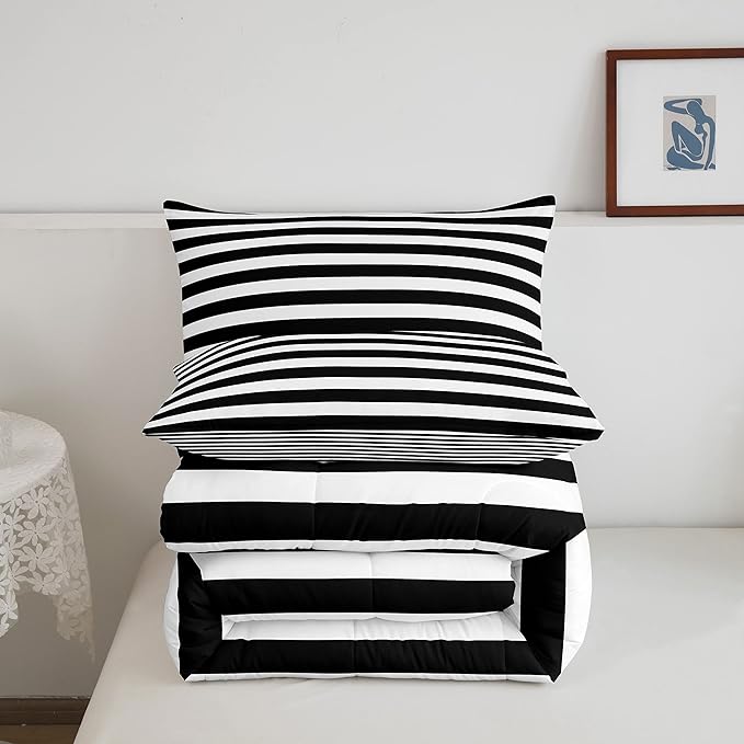 Striped Comforter Set Black and White Stripe Bedding Set Queen Kids Boys Girls Women Men Farmhouse Ticking Stripes Duvet Set Modern Geometric Lines Adults Abstract Gothic Home Decor Soft Reversible
