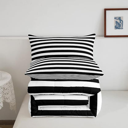 Striped Comforter Set Black and White Stripe Bedding Set Full Kids Boys Girls Women Men Farmhouse Ticking Stripes Duvet Set Horizontal Stripes Adults Abstract Gothic Home Decor Soft Reversible