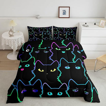 Erosebridal Cute Cat Kids Comforter Neon Rainbow Line Cat King Bedding Set for Boys Girls Teen Cartoon Kawaii Cats Toddler Bed Set Colorful Animals Quilt Set Reversible Black,2 Pillow Cases