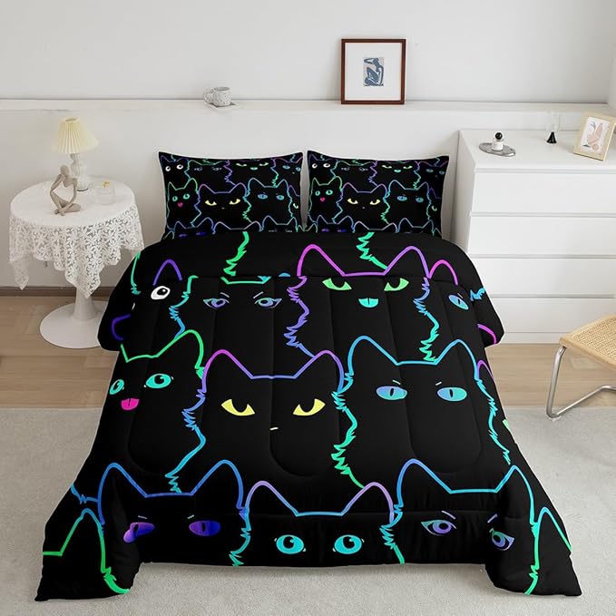 Erosebridal Teen Girl Bedding Full Size Cute Cat Kids Comforter Set Rainbow Line Cats Bedding Sets for Girls Boys Cartoon Kawaii Animal Quilt Set Reversible Black All Season,2 Pillow Cases