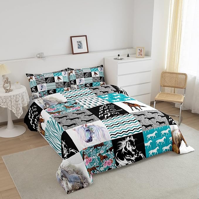 Horse Bedding,Western Farmhouse Horse Comforter Set for Girls King Bed,Boho Arrow Teal Zebra Stripe Comforter for Kids Boys Women,Rose Flower Rustic Cowboy Quilt Duvet Sets 1 Pillowcases Black White
