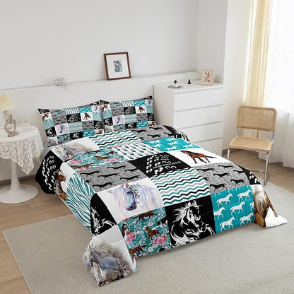 Horse Bedding,Western Farmhouse Horse Comforter Set for Girls King Bed,Boho Arrow Teal Zebra Stripe Comforter for Kids Boys Women,Rose Flower Rustic Cowboy Quilt Duvet Sets 1 Pillowcases Black White