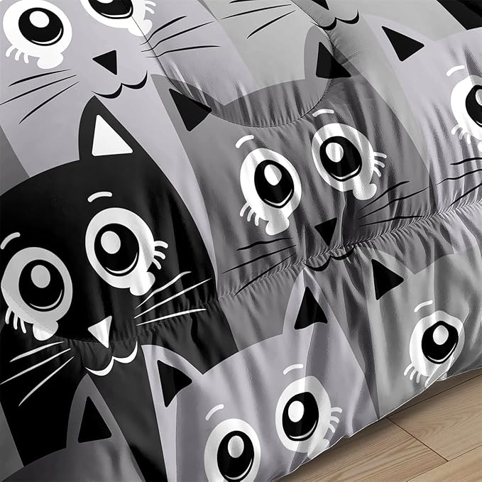 Cat Comforter Set Twin Size - 2Pcs Grey Cat Bedding Set for Boys Girls Teens Cute Animals Themed Bedding Set Warm Ultra Soft Cartoon Cat Quilt Cover with 1 Pillowcase for Kids Room Decor