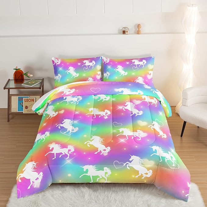 HOSIMA Unicorn Bedding 3pcs Rainbow Comforter Set with 2 Pillowcases,Sparkle Stars Full Size Bed in a Bag Set for Adults Teen Girls,Cute Rainbow Unicorn Comforter Princess Toddler Bedding Set.