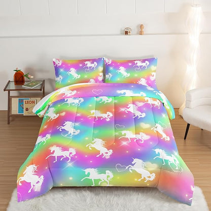 HOSIMA Unicorn Bedding 3pcs Rainbow Comforter Set with 2 Pillowcases,Sparkle Stars Full Size Bed in a Bag Set for Adults Teen Girls,Cute Rainbow Unicorn Comforter Princess Toddler Bedding Set.