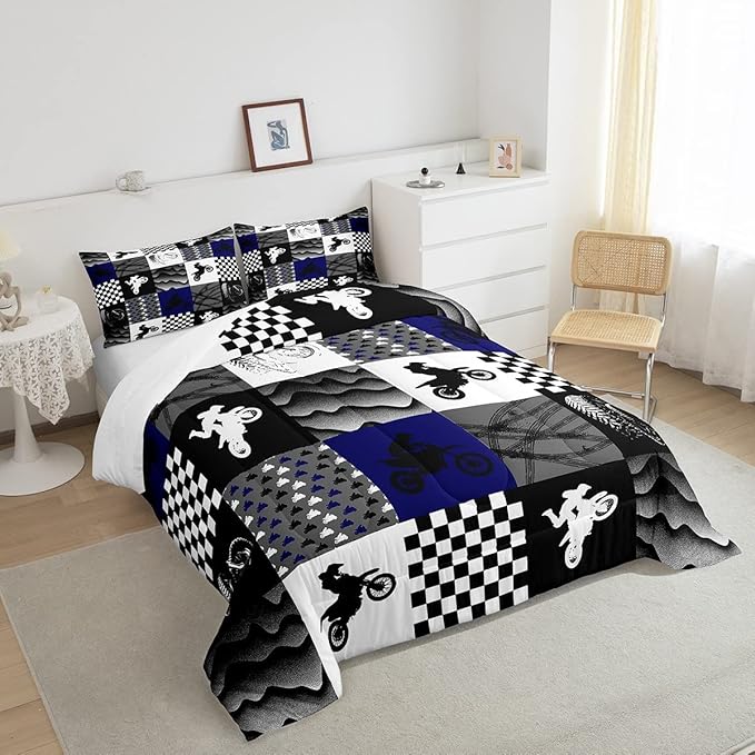 Dirt Bike Comforter Set, Motocross Rider Bedding Comforter Sets Queen, Motorcycle Grunge Down Comforter For Kids Boys Adult Men, Motorbike Extreme Sport Game Comforter, Buffalo Plaid, Blue Grey Black