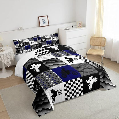 Dirt Bike Comforter Set, Motocross Rider Bedding Comforter Sets Queen, Motorcycle Grunge Down Comforter For Kids Boys Adult Men, Motorbike Extreme Sport Game Comforter, Buffalo Plaid, Blue Grey Black