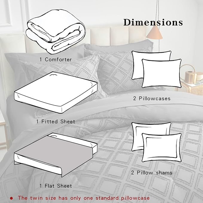 7 Pieces Tufted Bed in a Bag King Comforter Set with Sheets Dark Grey, Soft and Embroidery Shabby Chic Boho Bohemian, Luxury Solid Color with Diamond Pattern, Jacquard Tufts Bedding Set for All Season