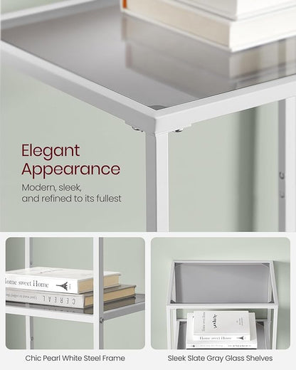 VASAGLE Bookcase, 5-Tier Bookshelf, Slim Shelving Unit for Bedroom, Bathroom, Home Office, Tempered Glass, Steel Frame, Pearl White and Slate Gray ULGT029W01