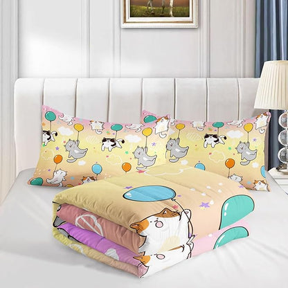 Datura home Kids Comforter Set Cute Cats Printed Pattern Bedding Set with 1 Comforter and 2 Pillowcases for Girls Boys Bedroom All Season(Cat1 Twin)