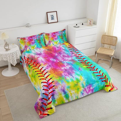 Kids Baseball Comforter Boys Girls Softball Sports Game Comforter Set Girly Colorful Tie Dye Bedding Set Teens Men Baseball Gaming Quilt Set Rainbow Room Decor Full Size for All Season 3Pcs