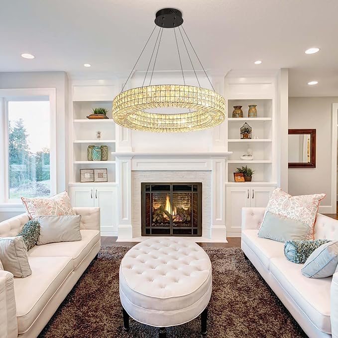 Dia 24" Modern Crystal Chandelier Black Ring Chandelier Adjustable Height Luxury Crystal Pendant Ceiling Light Fixture for Dining Living Room Bedroom
