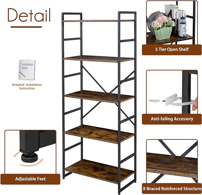Shintenchi 2 Pieces 5 Tiers Bookshelf, Classically Tall Bookcase Shelf, Industrial Book Rack, Modern Book Holder in Bedroom/Living Room/Home/Office, Storage Rack Shelves for Books/movies-Rustic Brown