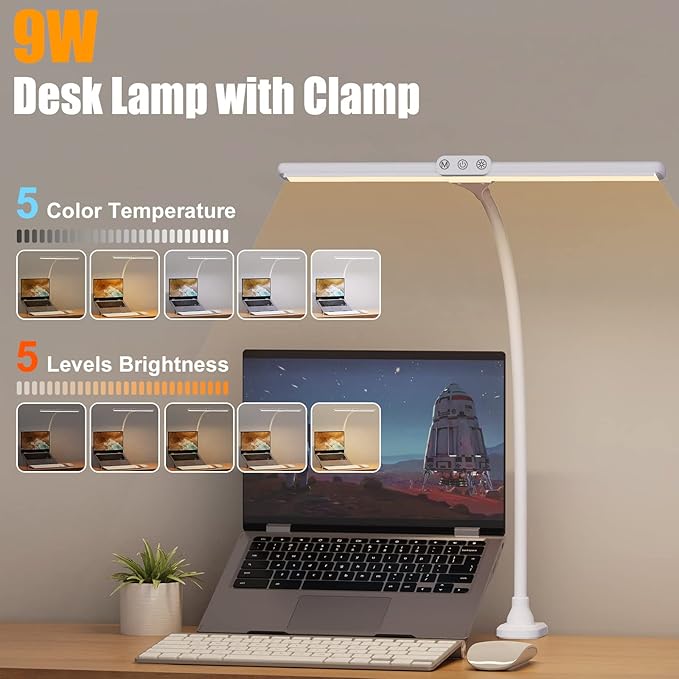 LED Desk Lamp with Clamp, Tall Desk Light with Gooseneck, Office Lighting for Desk, Task Lamp Touch Control, 9W Study Lamp for Home Office (White)