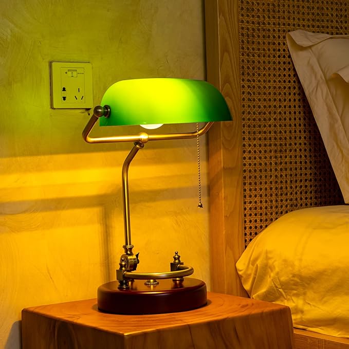 Green Bankers Desk lamp for Home Office Vintage Desk Retro lamp Workplace Lighting Piano Light Bedside lamp Pull Rope Switch，Glass lampshade，UL Certified lamp Holder, Wire