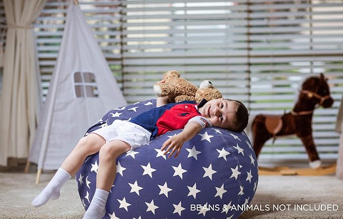 Aubliss Stuffed Animal Storage Bean Bag Chair Cover (No Beans)，Stuff and Sit Storage Bean Bag for Kids Toy Storage, Medium 32"-Canvas Stars Royal Blue