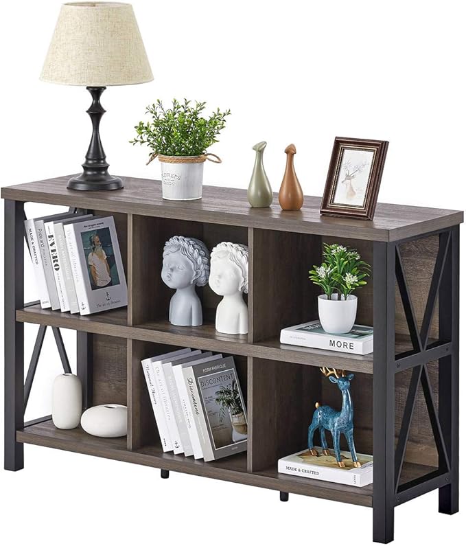 FATORRI Rustic 6 Cube Storage Organizer with Shelf, Wood and Metal Cubby Bookcase, Industrial Horizontal Bookshelf (Walnut Brown, 47 Inch)