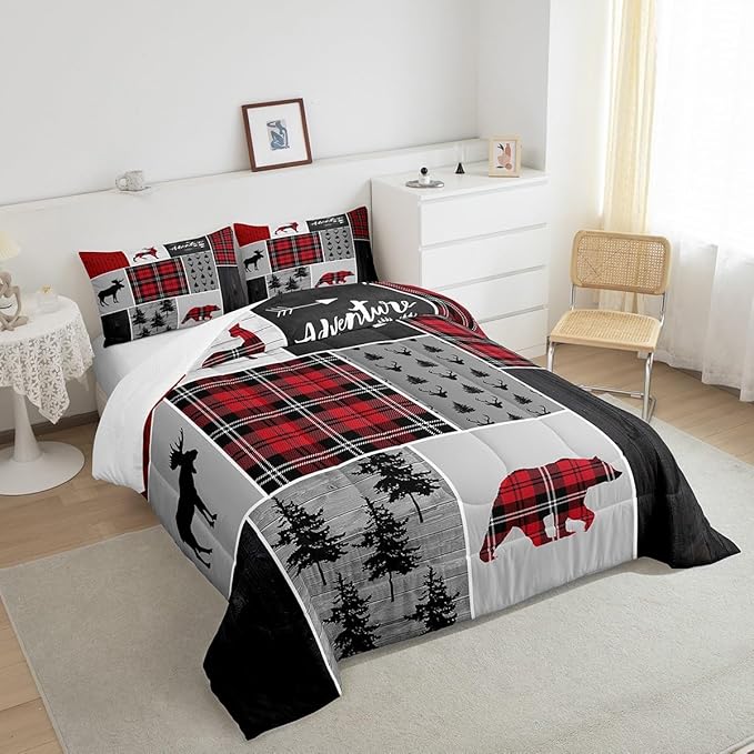 Deer Antlers Bear Kids Comforter Set Twin Size,Plaids Boho Arrows Patchwork Bedding Set for Boys Girls Adults Room Decor,Rustic Adventure Xmas Down Comforter,Red Retro Duvet Insert,1 Pillowcase