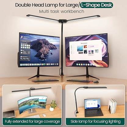 LED Desk Lamp for Home Office, Double Head Computer Desk Lights with Clamp & Wireless Remote, 12 Lighting Modes, Flexible Gooseneck Adjustable Smart Table Reading Study
