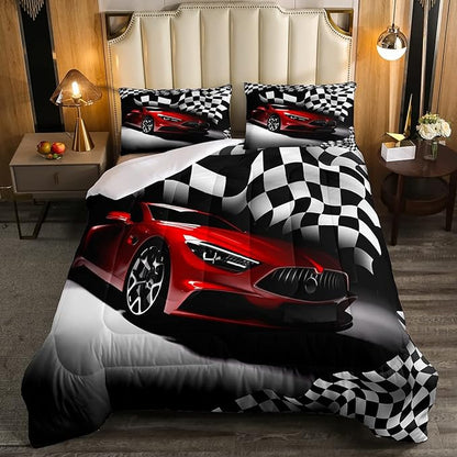 Erosebridal Teen Race Car Comforter Set For Boys King Size Extreme Sports Car Bedding Set,Black White Checkered Grid Comforter Retro Red Cool Vehicle Automobile Quilt Duvet 2 Pillow Cases