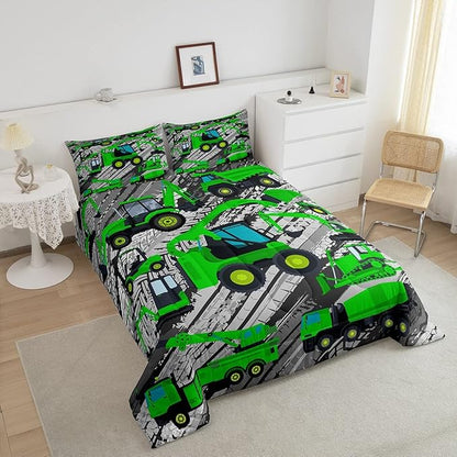 Excavator Down Comforter, Kids Boys Cartoon Car Comforter Set Twin, Children Tractor Truck Duvet Sets Girls Construction Vehicle Bulldozer Bedding Set 2 Pieces with 1 Pillow Case, Green Gray