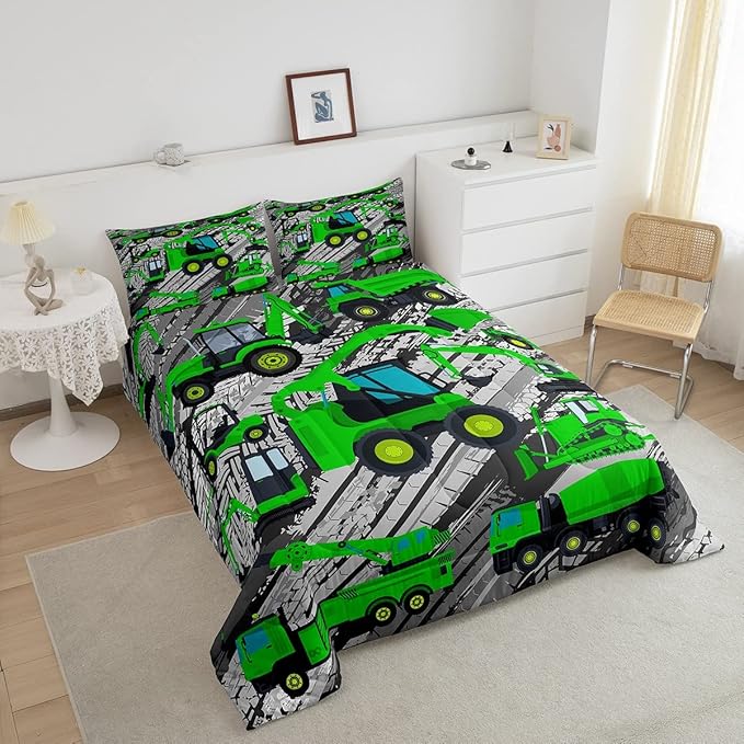 Excavator Down Comforter, Kids Boys Cartoon Car Comforter Set Full, Children Tractor Truck Duvet Sets Girls Construction Vehicle Bulldozer Bedding Set 3 Pieces with 2 Pillow Cases, Green Gray
