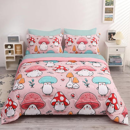 Wajade Kids Cute Mushroom Comforter Set Bed in A Bag Twin Size 7 Piece Pink Cartoon Mushroom Head Bedding Set for Girls (1 Comforter, 1 Flat Sheet, 1 Fitted Sheet, 2 Pillowcase and 2 Pillow Sham)