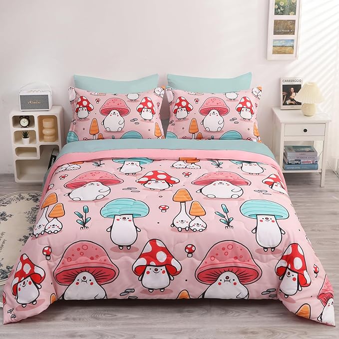Wajade Kids Cute Mushroom Comforter Set Bed in A Bag Full Size 7 Piece Pink Cartoon Mushroom Head Bedding Set for Girls (1 Comforter, 1 Flat Sheet, 1 Fitted Sheet, 2 Pillowcase and 2 Pillow Sham)