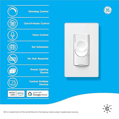 GE CYNC Smart Dimmer Light Switch, Neutral Wire Required, Bluetooth and 2.4 GHz WiFi 4-Wire Switch, Works with Amazon Alexa and Google Home, White (1 Pack)
