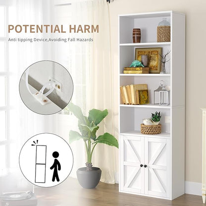 oneinmil 6 Tier Bookshelf and Bookcase, Wooden Bookshelves with Cabinet Doors, Floor Bookshelves and Office Storage Cabinets for Home Office, Living Room,White