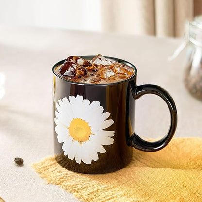 12Oz Daisy Black Ceramic Mug, Mug for Daily Coffee and Tea, Lead-free, Microwave and Dishwasher Safe Coffee Mug, Perfect gifts for women and men