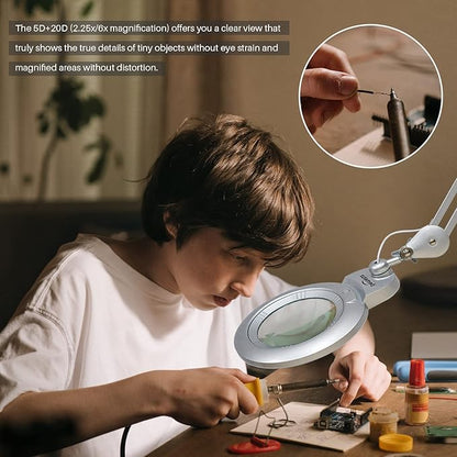 Bifocals Magnifying Desk Lamp with Clamp, 5 Diopter with 20 Diopter, 6 Inch Detachable Lens and 120PCS LEDs, 3 Color Modes 1200 Lumens Swivel Arm Magnifying Lamp with Light for Crafts
