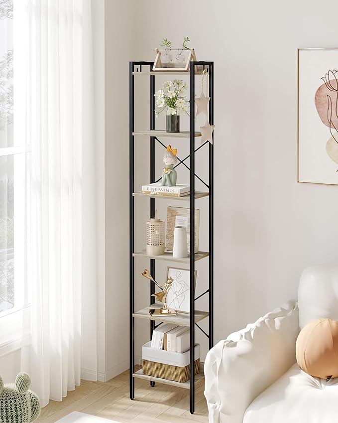 Bookshelf, Book Shelf, Industrial Bookcase with 2 Hooks, Coner Shelf Storage Organizer for Home Office, Living Room, Bedroom, Kitchen, 6-Tier Greige BC10705B