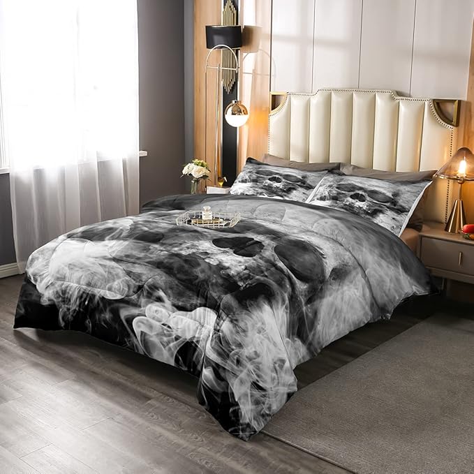 Erosebridal Skull Comforter Set Queen, Halloween Down Comforter, Gothic Fog Smoke Skull Skeleton Quilted Duvet, Grey Bedding Comforters for Young Man Boy Teens, Room Decorative, Soft Duvet Insert