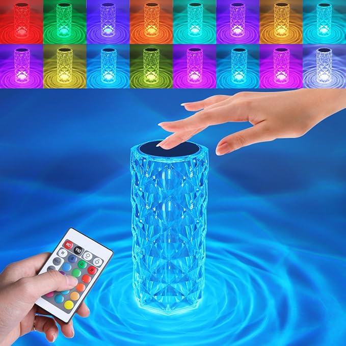 Rose Touch Lamp RGB Night Light, USB Rechargeable Touch Remote Control Crystal Light for Bedroom Living Room Home Decor Colorful Decorative Lights