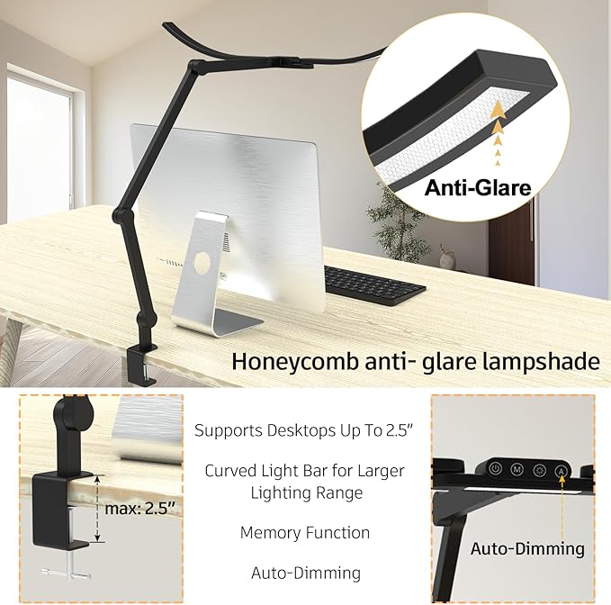 Architect Desk Lamp with Curved Light Bars, 33 Inches Long Wide Bright LED Desk Lamp with Clamp, 24W Dimmable Desk Light for Home Office Tall Swing Arm Table Light for Computer