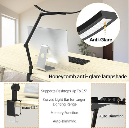 Architect Desk Lamp with Curved Light Bars, 33 Inches Long Wide Bright LED Desk Lamp with Clamp, 24W Dimmable Desk Light for Home Office Tall Swing Arm Table Light for Computer