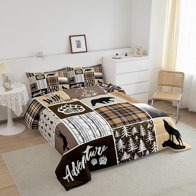 Rustic Farmhouse Kids Comforter Set Queen Size,Deer Antlers Bear Paws Plaids Patchwork Bedding Set for Boys Girls Adults Room Decor,Pine Trees Xmas Down Comforter,Brown Duvet Insert,2 Pillowcases