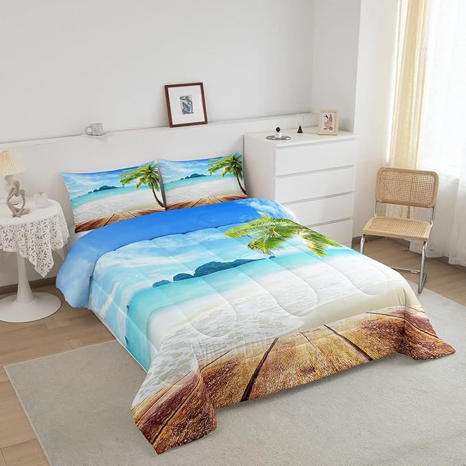 Beach Comforter Set Twin Size Ocean Bedding Set Tropical Palm Tree Hawaii Ocean Duvet Set Sunny Beach Coastal Nature Theme Duvet Set Sea Wave Mountain Brown Wooden Comforter Set 1 Pillowcase, Blue