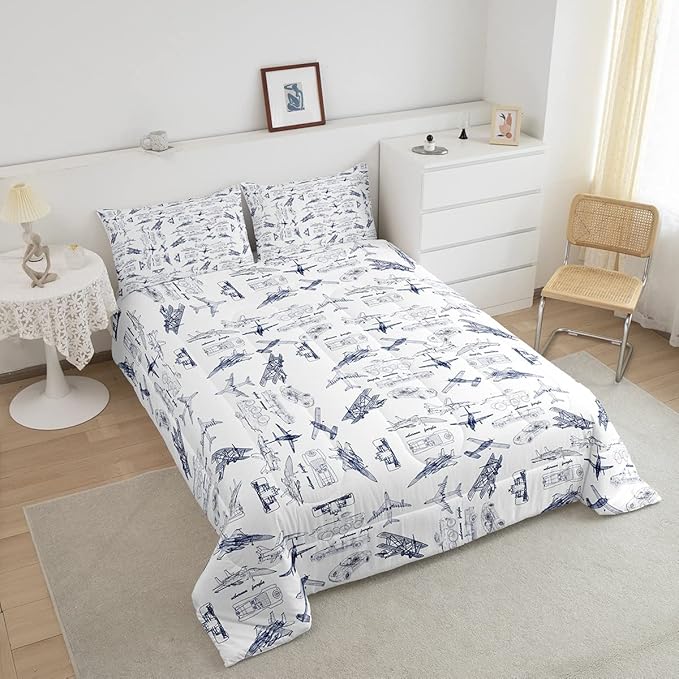 Feelyou Aircraft Bedding Set Kids Airplane Print Comforter Set Boys Girls Decor Aircraft Flying Comforter Cover Set Microfiber Sketch Style Blue White Duvet Set Bedroom Quilt Set Twin Size