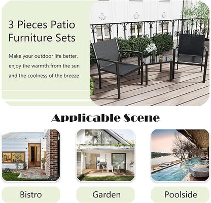 Greesum 3 Pieces Patio Furniture Set Outdoor Conversation Textilene Fabric Chairs for Lawn, Garden, Balcony, Poolside with A Glass Coffee Table, Black
