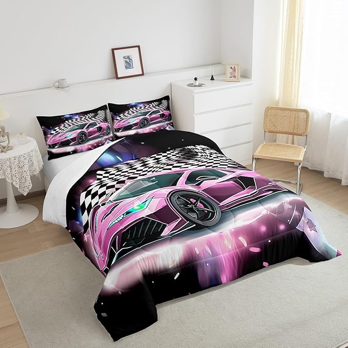 Pink Race Car Bedding Set Twin Size,Racing Flag Black White Lattice Duvet Cover with 1 Pillowcase,Extreme Sport Game Comforter Cover for Kids Youths Boys Girls Room Decor,Modern Quilt Cover