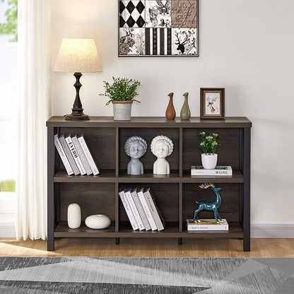 FATORRI Rustic 6 Cube Storage Organizer with Shelf, Wood and Metal Cubby Bookcase, Industrial Horizontal Bookshelf (Walnut Brown, 47 Inch)