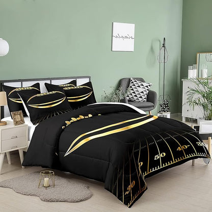 Bodhi Black and Gold Football Comforter Set King for Boys Kids Sport Comforter Football Bedding Set American Football Comforter with Pillowcase,Soft Football Quilt,King Size